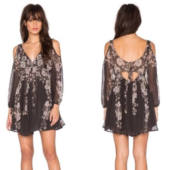 FREE PEOPLE Penny Lover Mini Dress Floral Cold Shoulder Grey Pink Black Sheer XS - Picture 1 of 11